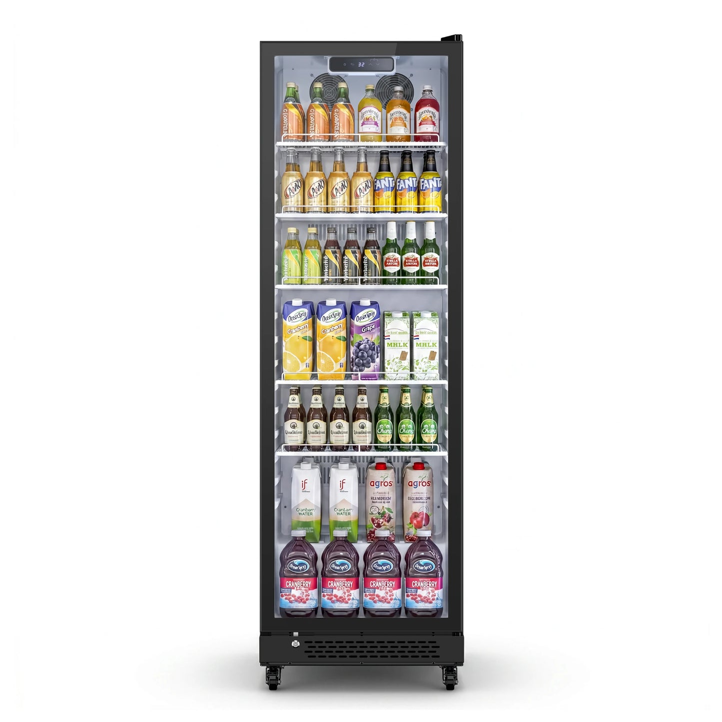 Front view of a 330L glass-door cooler stocked with assorted beverages