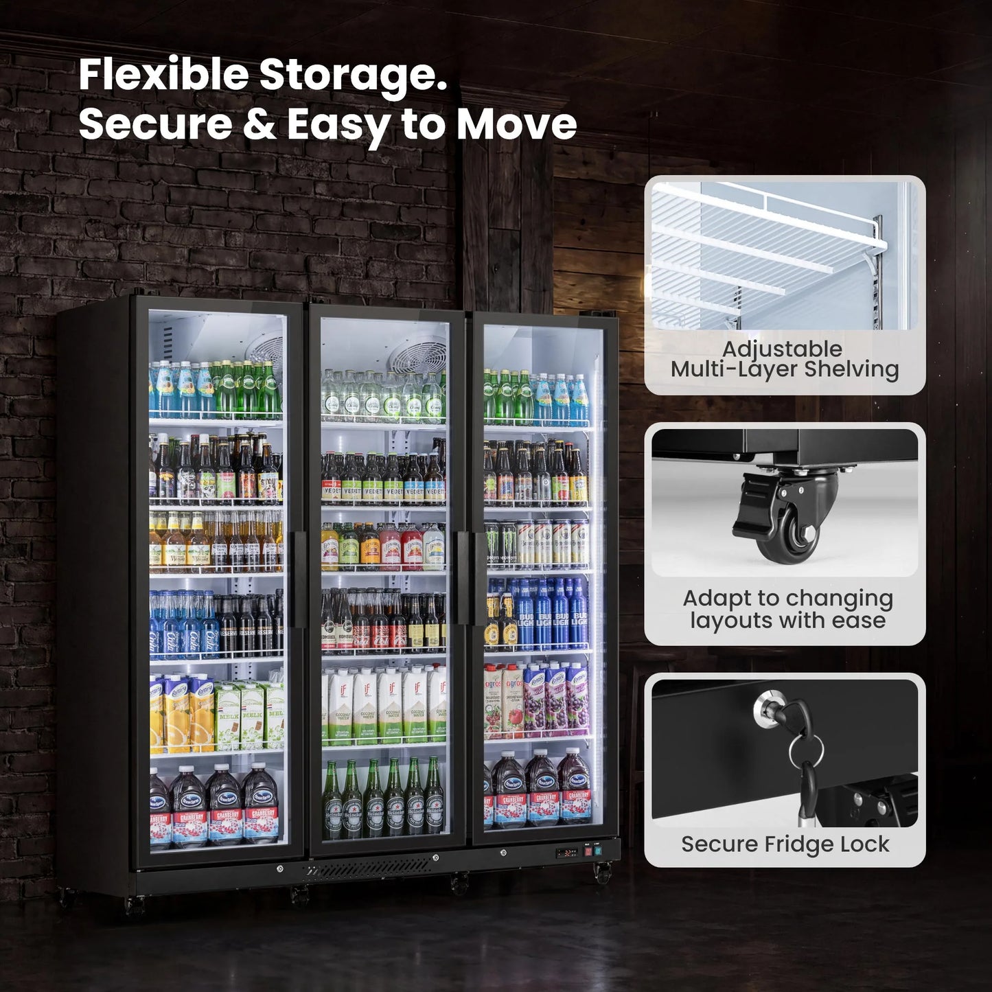 Adjustable shelving, locking mechanism, and caster wheels for flexible commercial use