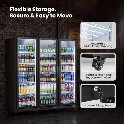 Adjustable shelving, locking mechanism, and caster wheels for flexible commercial use