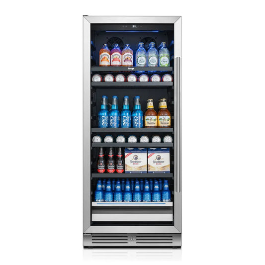 Yeego BS275 tall beverage cooler front view showcasing sleek stainless steel design and clear glass door