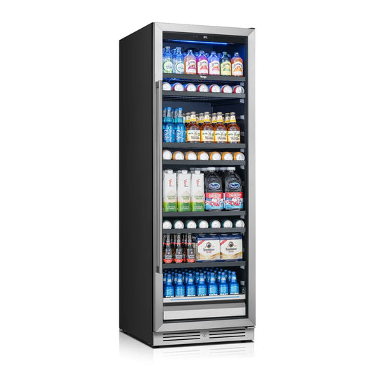 Yeego BS428 built-in tall beverage fridge front-right angle view highlighting its slim profile and elegant look