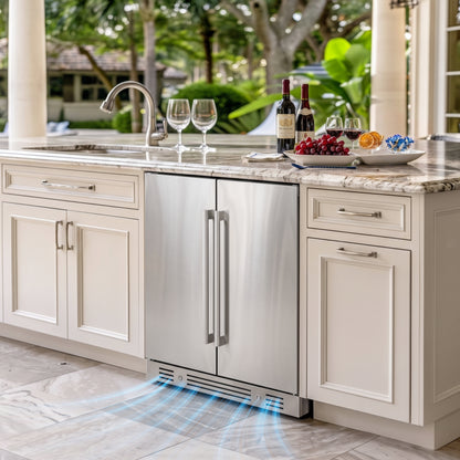 Yeego built-in outdoor wine and beverage fridge under a kitchen counter with front venting at the base