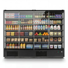 Front view of a commercial refrigerator arranged with fresh fruit, vegetables, and packaged food.