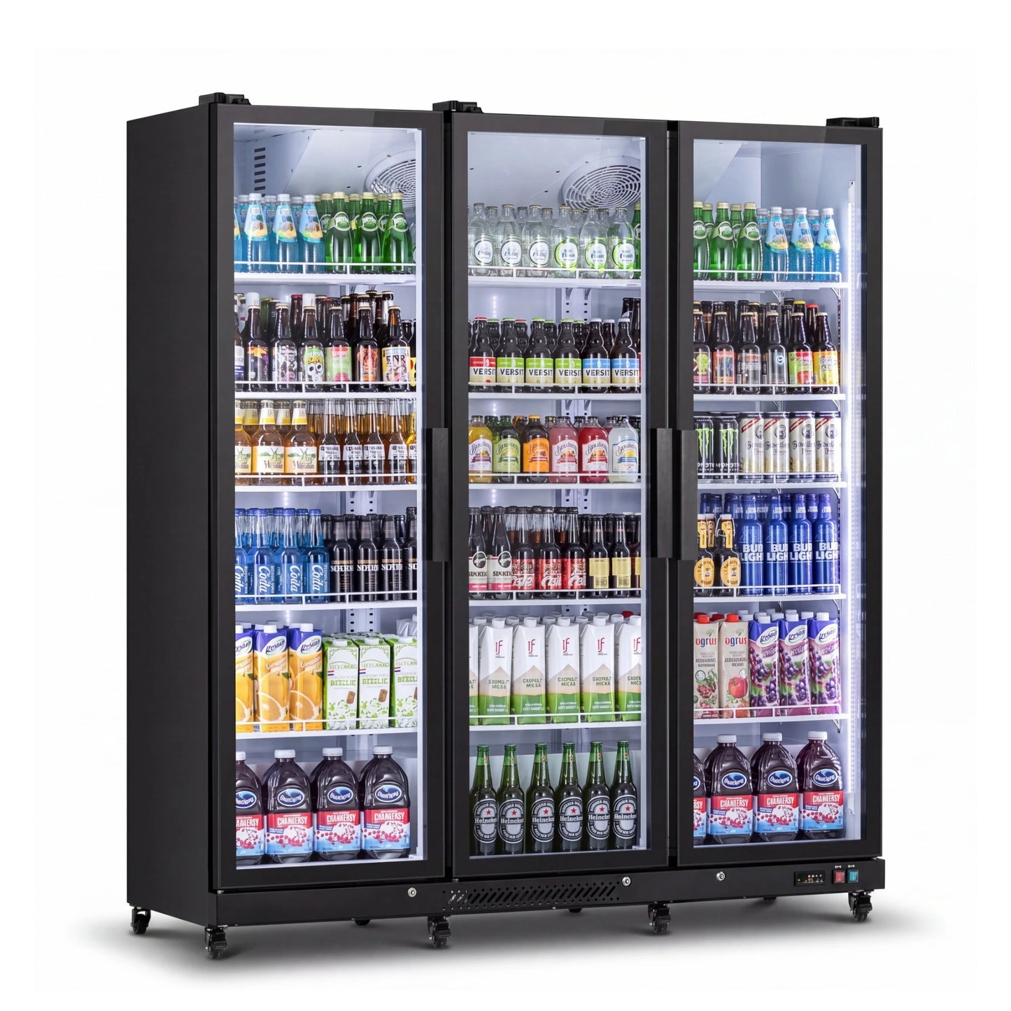 Angled view of a large-capacity glass-door cooler with illuminated beverage storage
