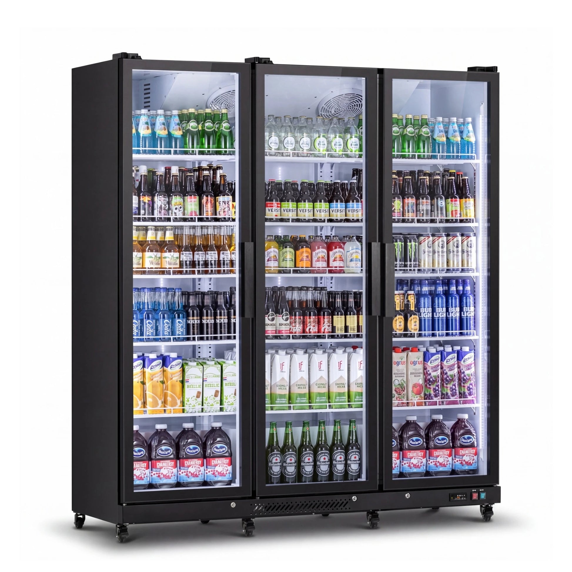 Angled view of a large-capacity glass-door cooler with illuminated beverage storage