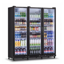 Angled view of a large-capacity glass-door cooler with illuminated beverage storage