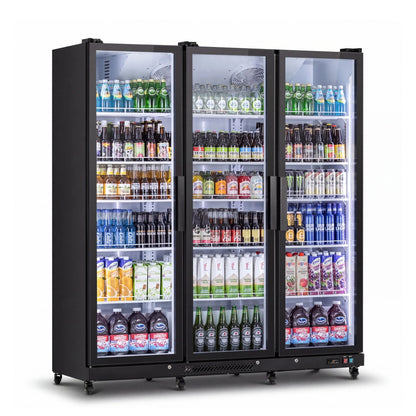 Angled view of a large-capacity glass-door cooler with illuminated beverage storage