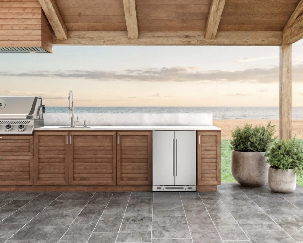 Yeego outdoor wine and beverage fridge built in under a counter, showing clean and seamless installation