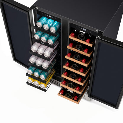 Top-angle view of Yeego outdoor wine and beverage fridge with pull-out beverage racks and wooden wine shelves