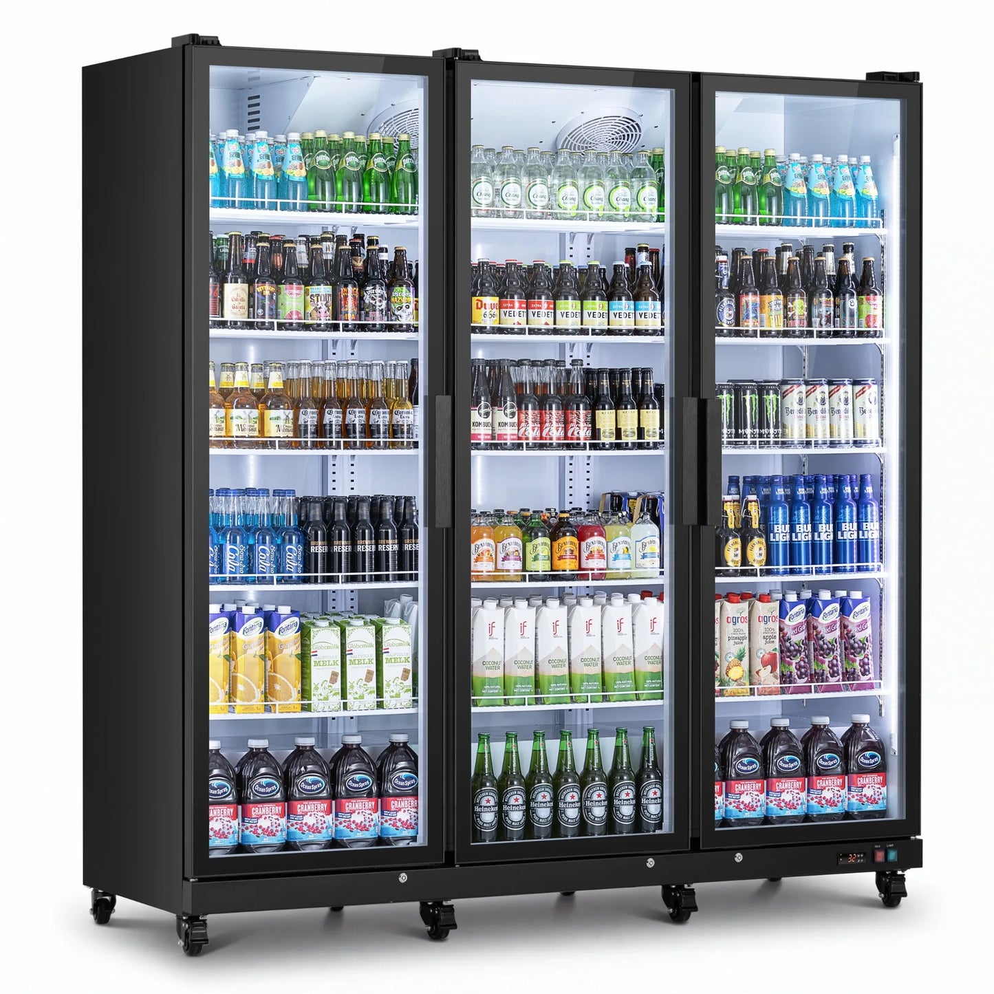 Angled view of a large-capacity glass-door cooler with illuminated beverage storage