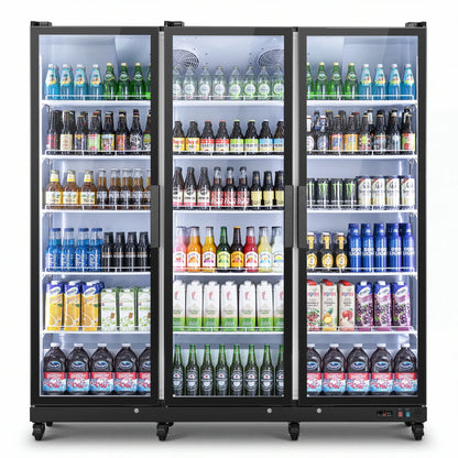 Front view of a Yeego triple-door glass display cooler stocked with beverages and packaged drinks