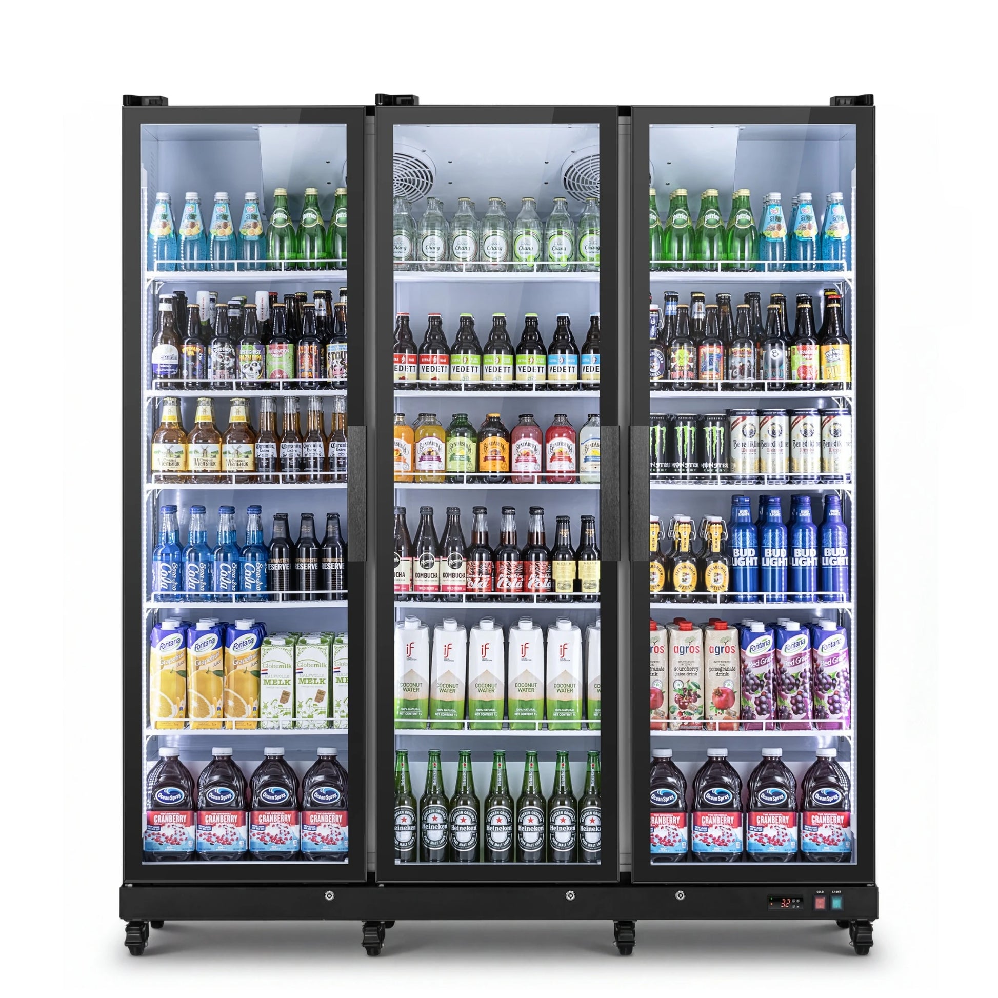 Front view of a triple glass-door commercial refrigerator stocked with beverages and packaged drinks