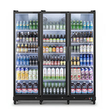 Front view of a triple glass-door commercial refrigerator stocked with beverages and packaged drinks