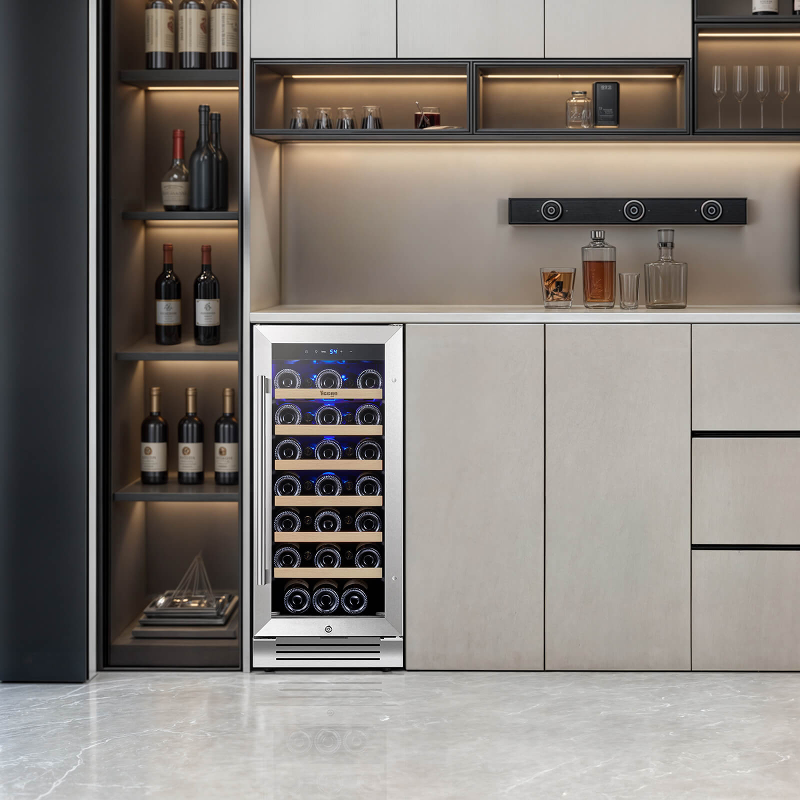 15 Inch Wide 33 Bottle Narrow Small Wine Fridge, Quiet Wine Cooler Under Counter Or Freestanding