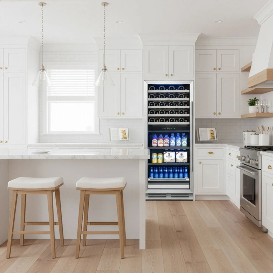Yeego WBD275 tall wine and beverage fridge built into a kitchen