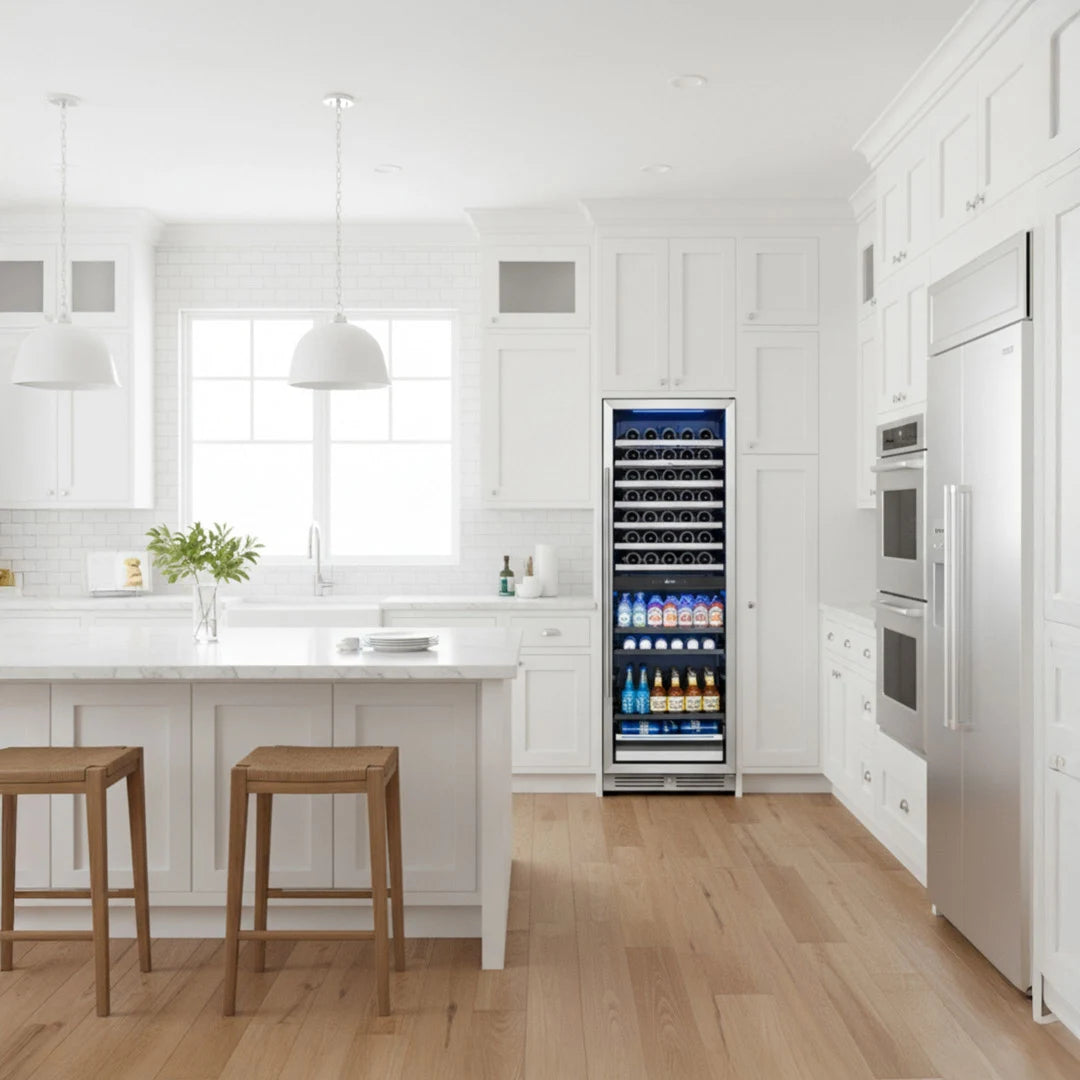 Yeego WBD428 tall wine and beverage fridge built into cabinetry