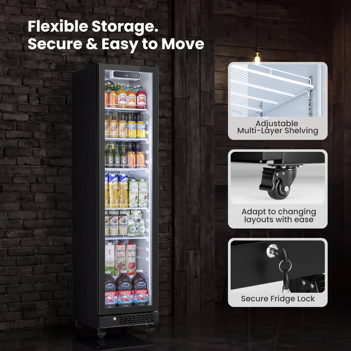 Adjustable shelves and lockable door design
