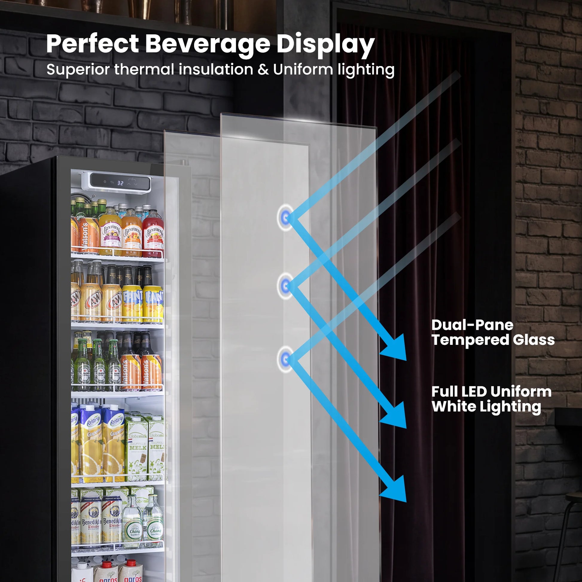 Double-pane glass door with LED lighting