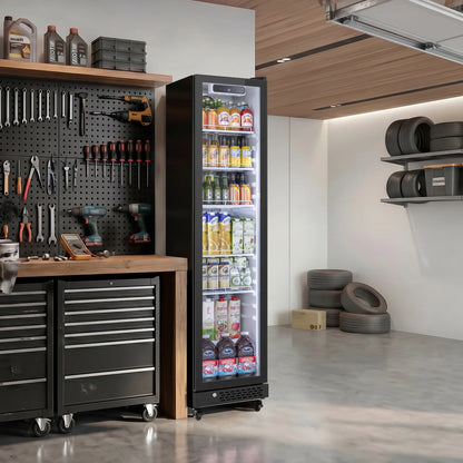 Beverage refrigerator used in a garage workspace