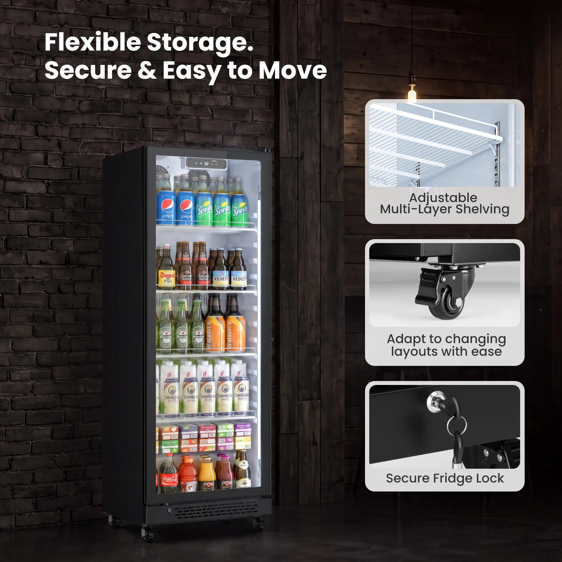 Adjustable shelves and lockable door design
