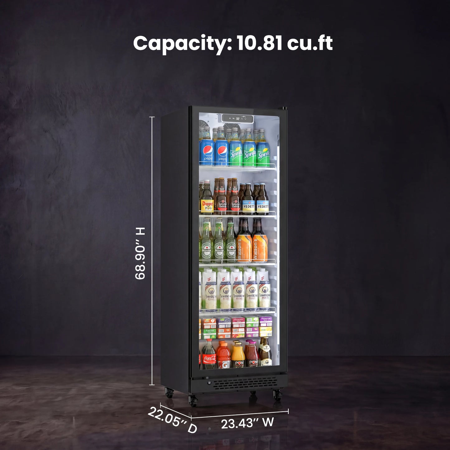 Dimensions and storage capacity of the upright beverage refrigerator