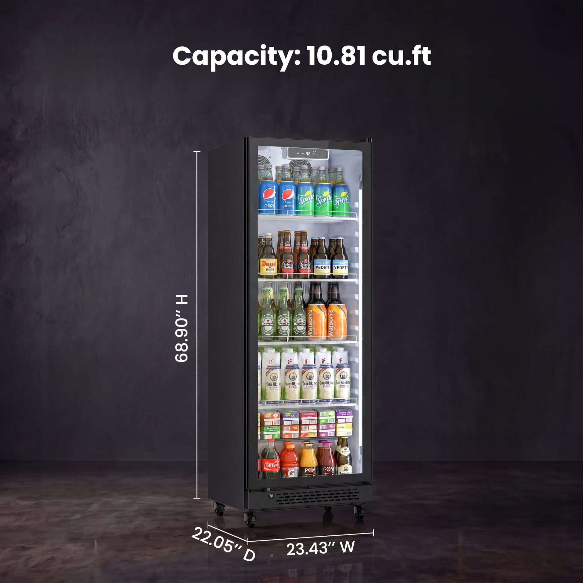 Dimensions and storage capacity of the upright beverage refrigerator