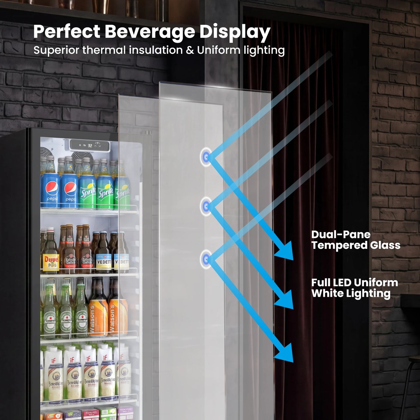 Dual-pane tempered glass door designed for beverage display and insulation