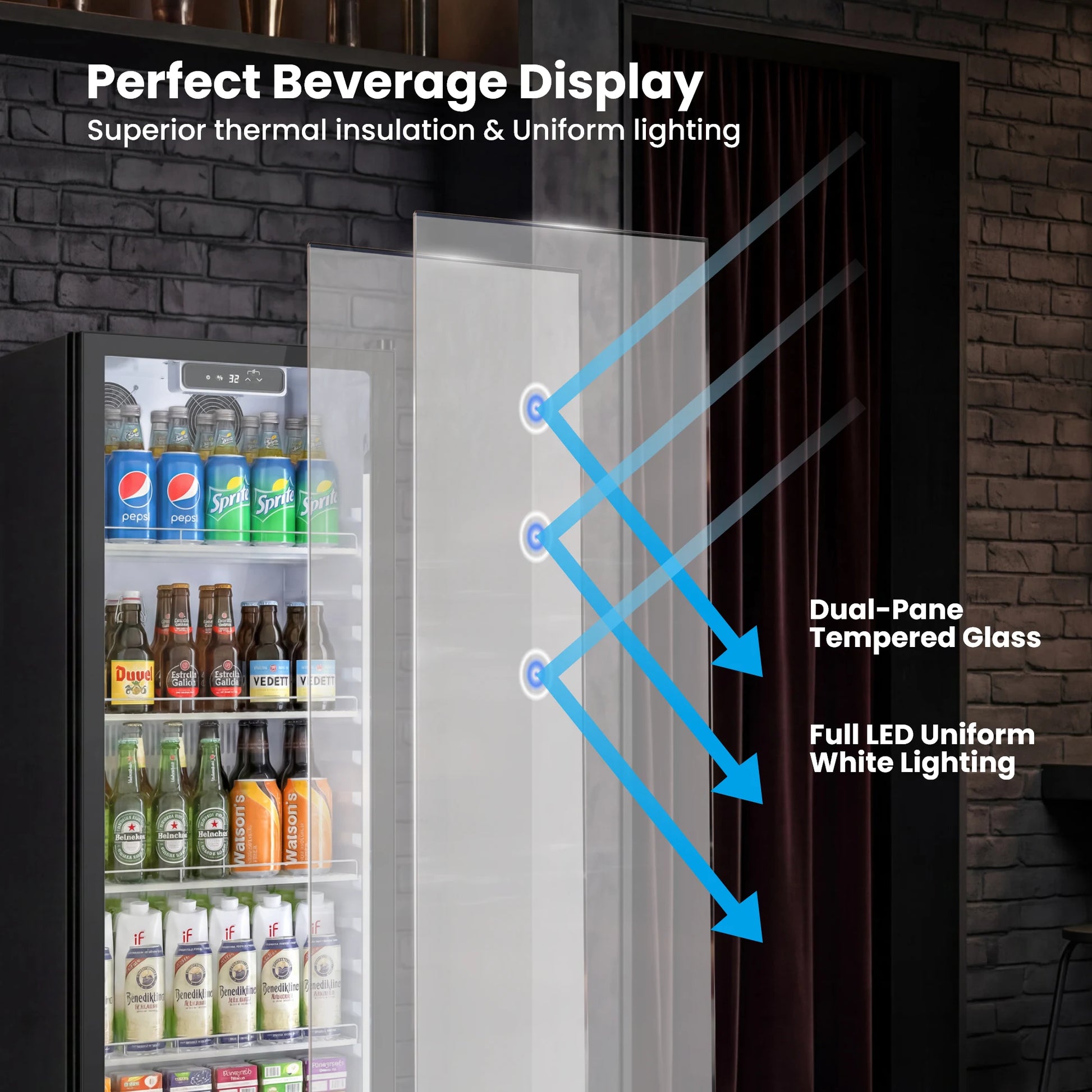 Dual-pane tempered glass door designed for beverage display and insulation