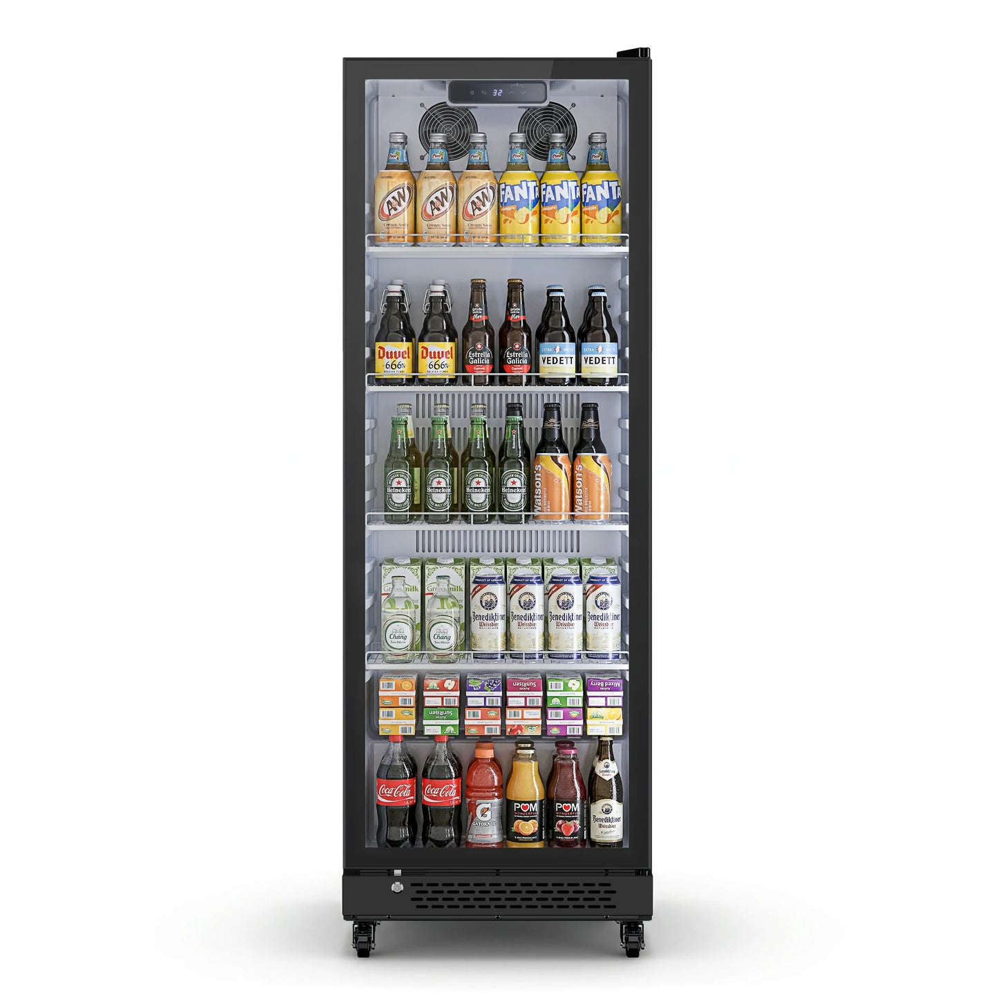 Upright glass door beverage refrigerator fully stocked with drinks