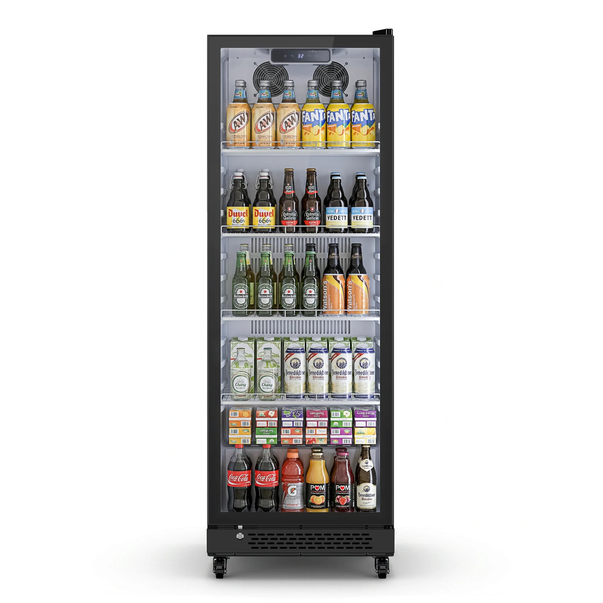 Upright glass door beverage refrigerator fully stocked with drinks