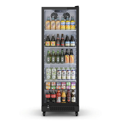 Upright glass door beverage refrigerator fully stocked with drinks